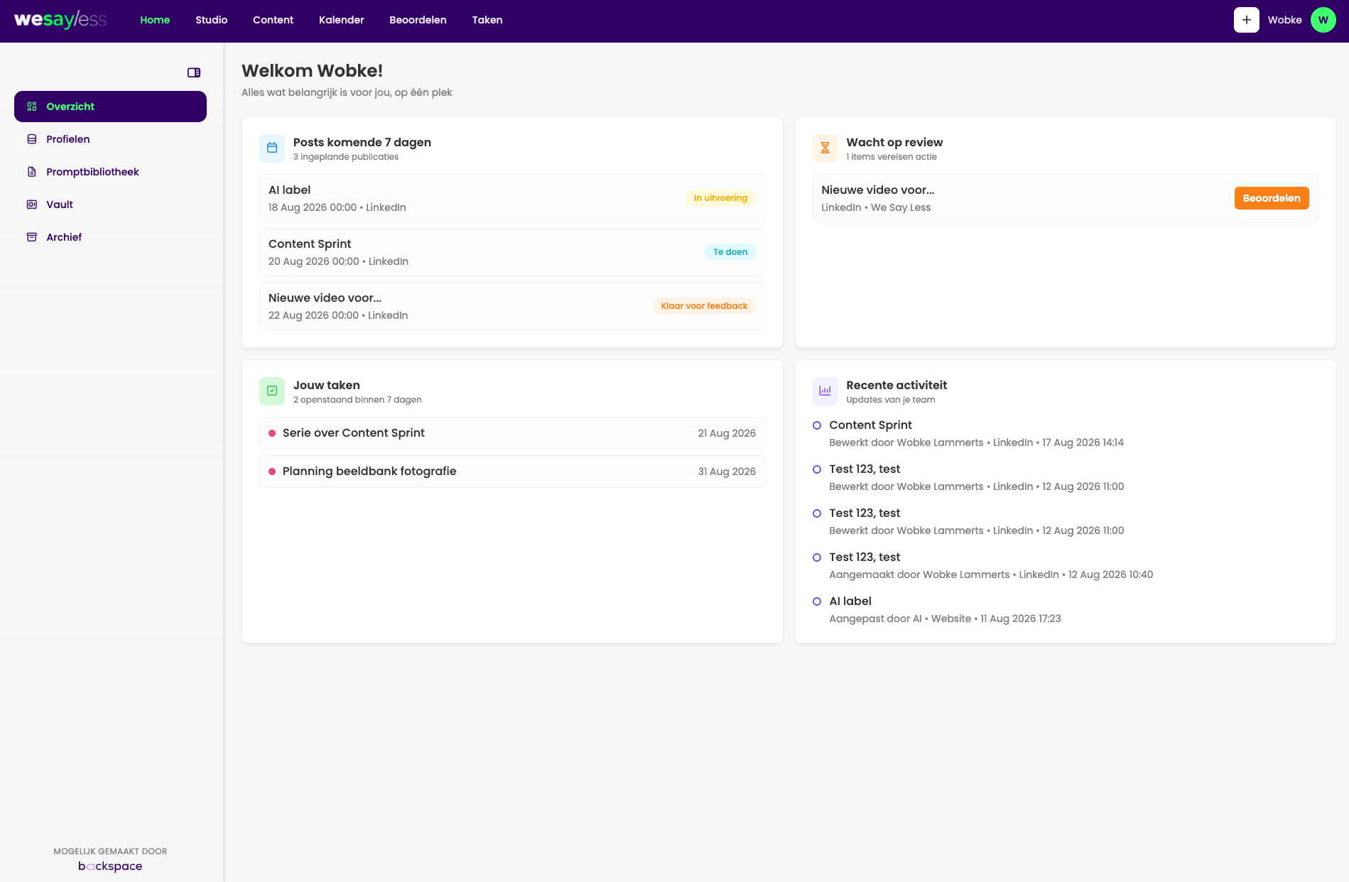 Backspace overzicht: posts, taken en recente activiteit in één dashboard